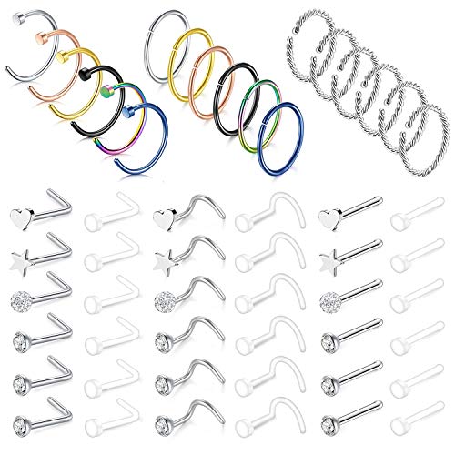 Nasenpiercing Ring für Frauen, Edelstahl Nasenpiercing Stecker Nasenringe 20G Nasenstecker/L-Form Nasenringe/Nasenpiercing Spirale Set (K:54Stk) von ZS