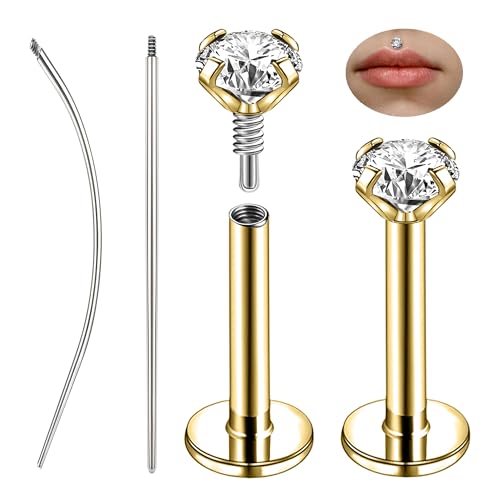 ZS 1 Paar Labret Lippenstecker 316L Edelstahl Innengewinde Philtrum Ashely Jewelry CZ Lippenpiercing für Tragus Helix 16G flache Rückseite Ohrstecker für Damen Herren (Gold,16g,L:5mm,CZ:2mm) von ZS