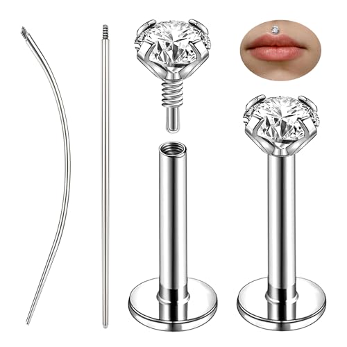 ZS 1 Paar Labret Lippenstecker 316L Edelstahl Innengewinde Philtrum Ashely Jewelry CZ Lippenpiercing für Tragus Helix 16G flache Rückseite Ohrstecker für Damen Herren (Silber,16g,L:6mm,CZ:2mm) von ZS