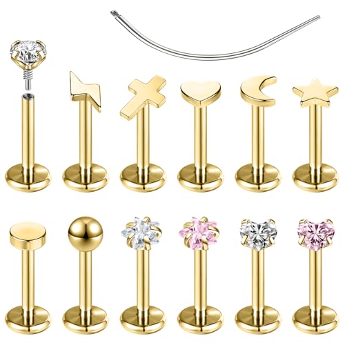 ZS 12 Stück 16G/18G Edelstahl Medusa Monroe Lippenpiercing Innengewinde Tragus Helix Conch Knorpel Ohrstecker für Damen und Herren (Gold,16g,L:6mm) von ZS