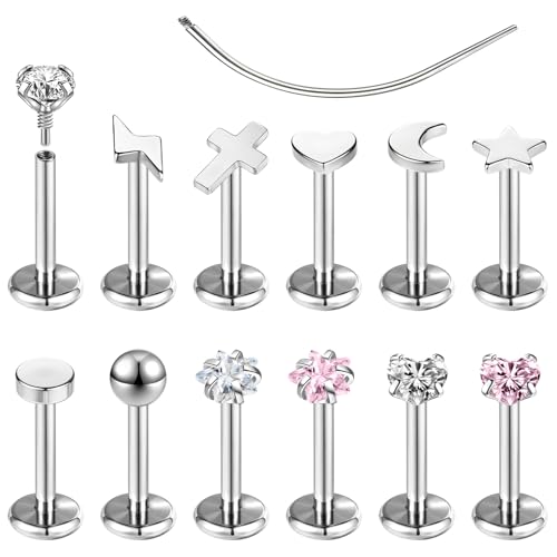 ZS 12 Stück 16G/18G Edelstahl Medusa Monroe Lippenpiercing Innengewinde Tragus Helix Conch Knorpel Ohrstecker für Damen und Herren (Silber,16g,L:8mm) von ZS