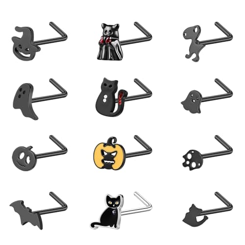 ZS 12 Stück 20G Edelstahl Halloween Nasenstecker - Bat Skull L-förmiger Korkenzieher Nasenring Silber Schwarz Hypoallergen Nasenpiercing Schmuck für Damen Herren (Schwarz, L-Form) von ZS