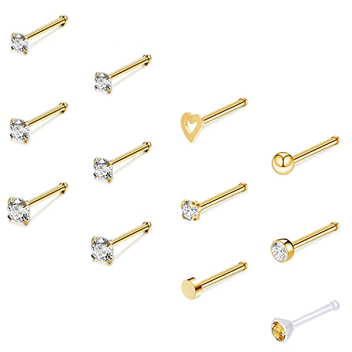 ZS 12 Stück 20G Nasenstecker Ringe – Chirurgenstahl L Form Nasenpiercing Stecker CZ Nase Piercing Schmuck für Damen Herren (Gold, Gerade) von ZS