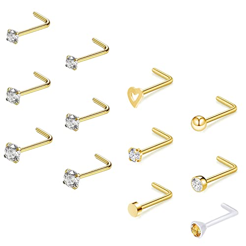 ZS 12 Stück 20G Nasenstecker Ringe – Chirurgenstahl L Form Nasenpiercing Stecker CZ Nase Piercing Schmuck für Damen Herren (Gold, L-Form) von ZS