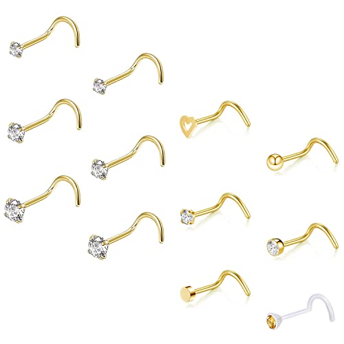 ZS 12 Stück 20G Nasenstecker Ringe – Chirurgenstahl L Form Nasenpiercing Stecker CZ Nase Piercing Schmuck für Damen Herren (Gold, Spirale) von ZS