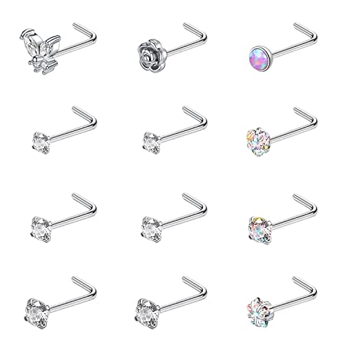 ZS 12 Stück 20G Nasenstecker Ringe – Chirurgenstahl L Form Nasenpiercing Stecker CZ Nase Piercing Schmuck für Damen Herren (Silber, L-Form) von ZS