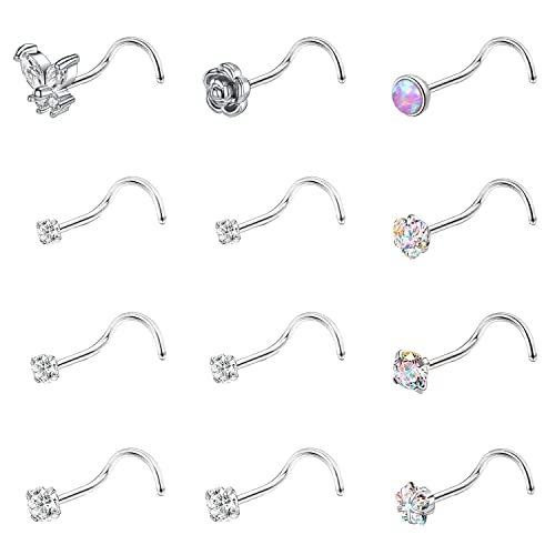 ZS 12 Stück 20G Nasenstecker Ringe – Chirurgenstahl L Form Nasenpiercing Stecker CZ Nase Piercing Schmuck für Damen Herren (Silber, Spirale) von ZS