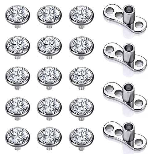 14G Chirurgischer Stahl Innengewinde Dermal Anchor Base, Mikrodermale Piercing für Frauen Männer, 14-19Pcs Cubic Zirconia Dermal Anchor Tops 2.5mm 3mm 4mm (D) von ZS