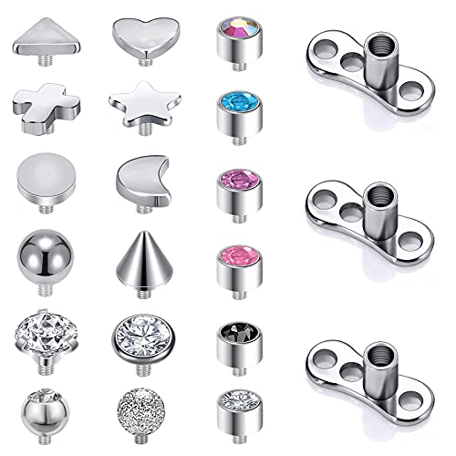 14G Chirurgischer Stahl Innengewinde Dermal Anchor Base, Mikrodermale Piercing für Frauen Männer, 14-19Pcs Cubic Zirconia Dermal Anchor Tops 2.5mm 3mm 4mm (E) von ZS