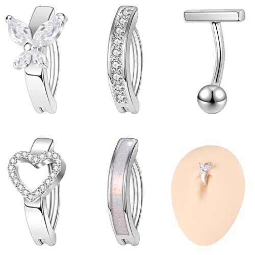 ZS 14G Gold Clicker Piercing Bauchnabel für Frauen, Edelstahl Bauchnabelpiercing Diamanten Reverse Curved Nabel Barbell Schmuck Körperschmuck (Silber) von ZS