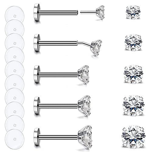 ZS 16G 18G 20G Threadless Push-in Nasenstecker Ringe für Frauen, 5 Paar Edelstahl Lippen Labret Ringe Medusa Tragus Piercings Schmuck Diamant CZ 2-6mm (16G,L;8mm) von ZS