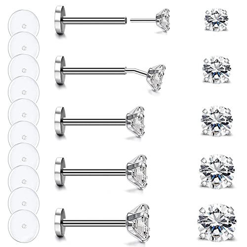 ZS 16G 18G 20G Threadless Push-in Nasenstecker Ringe für Frauen, 5 Paar Edelstahl Lippen Labret Ringe Medusa Tragus Piercings Schmuck Diamant CZ 2-6mm (18G,L;6mm) von ZS