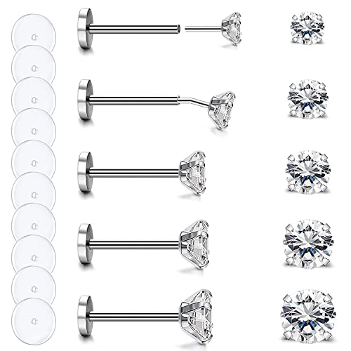 ZS 16G 18G 20G Threadless Push-in Nasenstecker Ringe für Frauen, 5 Paar Edelstahl Lippen Labret Ringe Medusa Tragus Piercings Schmuck Diamant CZ 2-6mm (20G,L;10mm) von ZS