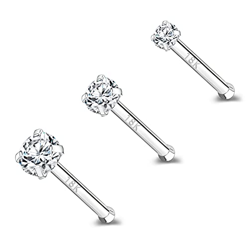 ZS 18 Karat Echtgold 20G Nasenringe für Frauen Männer, 1.5mm 2mm 3mm CZ Simulierter Diamant, 7mm Nasenstecker Nase Piercing Körperschmuck (Weiß,Gerade) von ZS