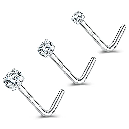 ZS 18 Karat Echtgold 20G Nasenringe für Frauen Männer, 1.5mm 2mm 3mm CZ Simulierter Diamant, 7mm Nasenstecker Nase Piercing Körperschmuck (Weiß,L-Form) von ZS