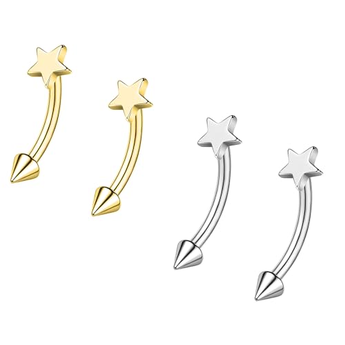 ZS 2 Paar Augenbrauenringe mit Innengewinde, 16G Edelstahl Spike Helix Daith Tragus Ohrringe Bauchnabel Lippe Körperpiercing Schmuck für empfindliche Haut Damen Herren Stern,L:8mm von ZS