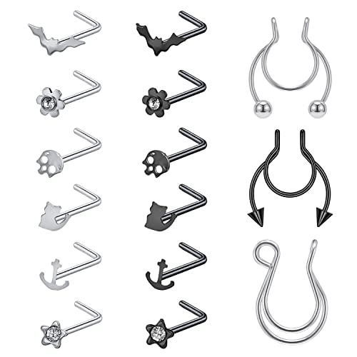 ZS 20G Korkenzieher Nasenringe Chirurgenstahl L-förmige Nasenstecker Fledermaus Totenkopf Nase Knochen Stud Nase Piercing Schmuck für Frauen, Edelstahl von ZS