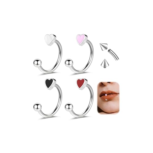 ZS 4 Stück Edelstahl Herzform Lippenpiercing Ringe Hoops Piercing, 16g C-förmig U-förmig Lip Rings, Knorpel Helix Ohrringe Innengewinde für Damen Herren (C-förmige Lippenringe,10mm) von ZS