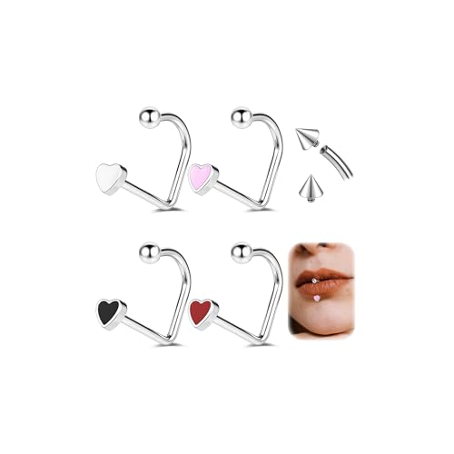 ZS 4 Stück Edelstahl Herzform Lippenpiercing Ringe Hoops Piercing, 16g C-förmig U-förmig Lip Rings, Knorpel Helix Ohrringe Innengewinde für Damen Herren (U-förmige Lippenringe,10mm) von ZS