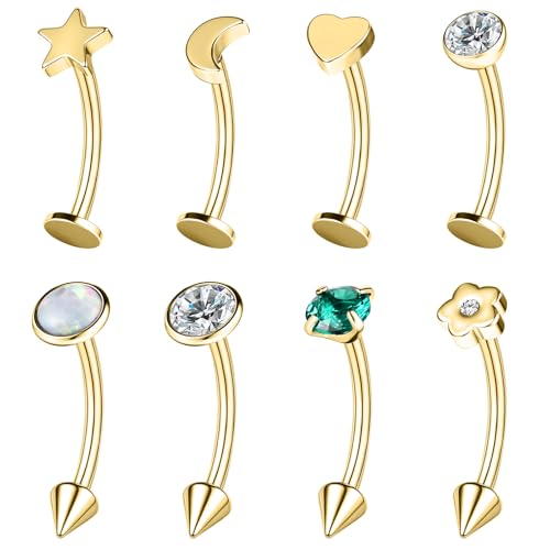 ZS 8 Stück 16G Edelstahl Spike Augenbrauenpiercing Curved Barbell, Lippenpiercing Bauchnabelpiercing Daith Rook Knorpel Piercing Für Damen Herren 8 mm 10 mm (Gold,L:8mm) von ZS