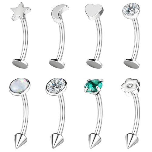 ZS 8 Stück 16G Edelstahl Spike Augenbrauenpiercing Curved Barbell, Lippenpiercing Bauchnabelpiercing Daith Rook Knorpel Piercing Für Damen Herren 8 mm 10 mm (Silber,L:8mm) von ZS