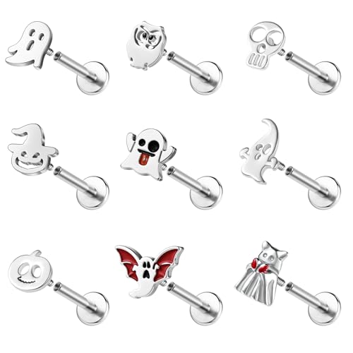 ZS 9 Stück 16G Edelstahl Labret Lippenpiercing, Halloween Totenkopf Monroe Medusa Piercingschmuck Conch Tragus Ohrringe flacher Rückseite für Damen Herren (Silber,6mm) von ZS