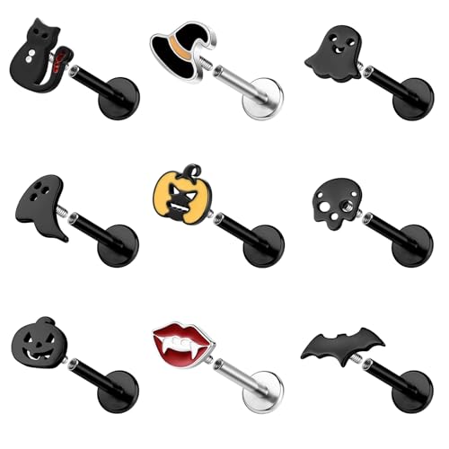 ZS 9 Stück 16G Edelstahl Labret Lippenpiercing Innengewinde, Halloween Geist Totenkopf Medusa Monroe Piercingschmuck, flache Conch Tragus Ohrringe für Damen Herren (Schwarz,6mm) von ZS
