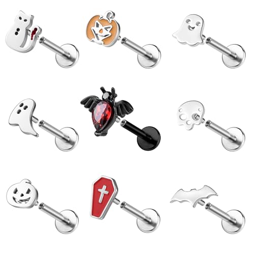 ZS 9 Stück 16G Edelstahl Labret Lippenpiercing Innengewinde, Halloween Geist Totenkopf Medusa Monroe Piercingschmuck, flache Conch Tragus Ohrringe für Damen Herren (Silber,6mm) von ZS