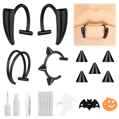 ZS Edelstahl Halloween Vampirzahnring Nicht Durchdringender Lippenschmuck, C-Förmiger Fake Lippenring, Fake Monroe Schmuck Helix Tragus Knorpelohrring Für Frauen Und Männer (Schwarz) von ZS