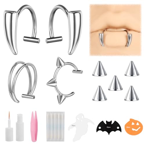 ZS Edelstahl Halloween Vampirzahnring Nicht Durchdringender Lippenschmuck, C-Förmiger Fake Lippenring, Fake Monroe Schmuck Helix Tragus Knorpelohrring Für Frauen Und Männer (Silber) von ZS