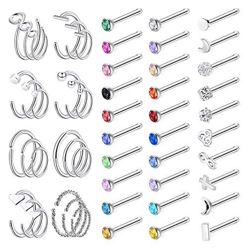 ZS Nasenpiercing Ring für Frauen, Edelstahl Nasenpiercing Stecker Nasenringe 20G Nasenstecker/L-Form Nasenringe/Nasenpiercing Spirale Set (E:44Stk) von ZS