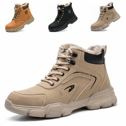 ZSDZSZ Winter Arbeitsschuhe Herren Wasserdicht Leicht Sicherheitsschuhe Damen Stahlkappenschuhe rutschfeste Sicherheitsstiefel mit Warm Gefüttert, Braun, 37 EU von ZSDZSZ