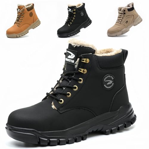 ZSDZSZ Winter Arbeitsschuhe Herren Wasserdicht Leicht Sicherheitsschuhe Damen Stahlkappenschuhe rutschfeste Sicherheitsstiefel mit Warm Gefüttert, Schwarz, 46 EU von ZSDZSZ