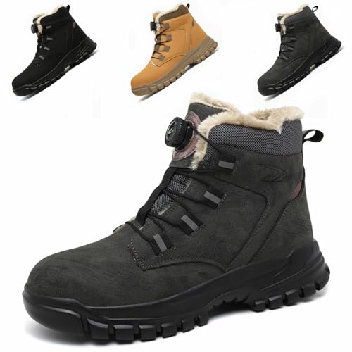 ZSDZSZ Winter Sicherheitsschuhe Herren Damen Wasserdicht Leicht Arbeitsschuhe Stahlkappenschuhe rutschfeste Warm Gefüttert Sicherheitsstiefel mit Drehknopf, Grau, 41 EU von ZSDZSZ