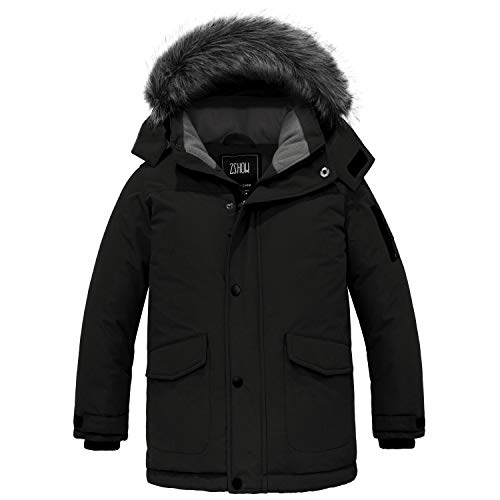 ZSHOW Jungen Baumwolle Mantel Outdoor Sport Mantel Kunstfell-Kapuze Jacke Gepolstert Puffer Jacke Schwarz 140-146 von ZSHOW