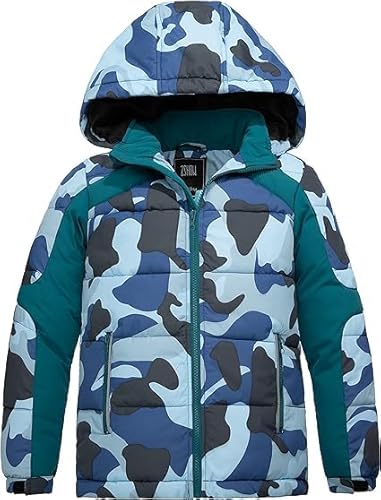 ZSHOW Jungen Verdickte Winter Puffer Jacke Winddichter Gesteppter Warmer Fleece-Mäntel Outdoor Jacke mit Kapuze Blaue Tarnung 152-158 von ZSHOW