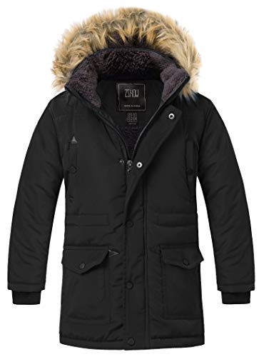 ZSHOW Jungen Winter Baumwolle Gepolsterter Mantel Wasserabweisend Outdoor Jacke Kunstpelz Kapuze Warme Mäntel Gesteppte Jacke Winddichte Parka Schwarz 116-122 von ZSHOW