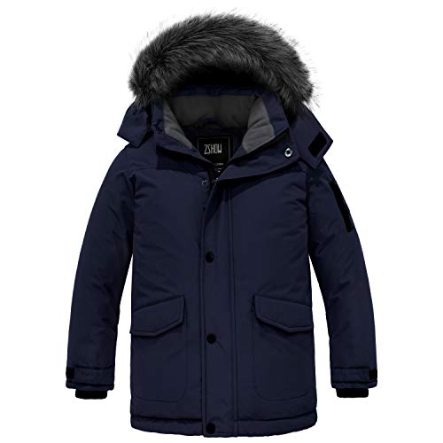 ZSHOW Jungen Winter Warm Mantel Winddichte Pufferjacke Lang Outdoor Parka Gesteppte Verdickte Jacke mit Kunstpelz Kapuze Navy 128-134 von ZSHOW