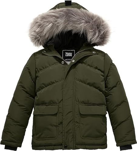 ZSHOW Jungen Winter Warme Gepolsterte Baumwolljacke Wasserabweisend Outdoorjacke Kunstpelz Kapuzen Mäntel Winddichte Oberbekleidung Armeegrün 116-122 von ZSHOW