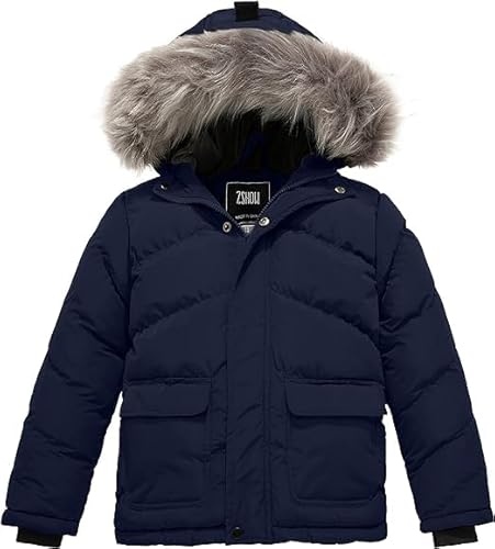 ZSHOW Jungen Winter Warme Gepolsterte Baumwolljacke Wasserabweisend Outdoorjacke Kunstpelz Kapuzen Mäntel Winddichte Oberbekleidung Navy 140-146 von ZSHOW