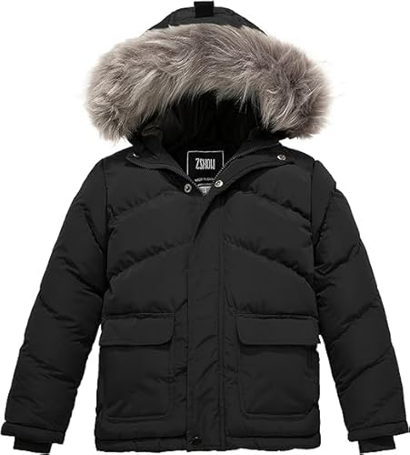 ZSHOW Jungen Winter Warme Gepolsterte Baumwolljacke Wasserabweisend Outdoorjacke Kunstpelz Kapuzen Mäntel Winddichte Oberbekleidung Schwarz 128-134 von ZSHOW