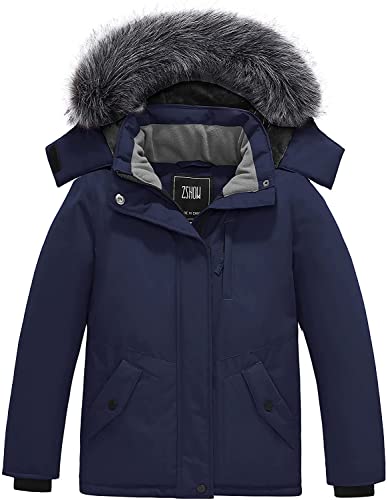 ZSHOW Mädchen Baumwolle Mantel Outdoor Sport Mantel Kunstfell-Kapuze Jacke Gepolstert Puffer Jacke Navy 140-146 von ZSHOW