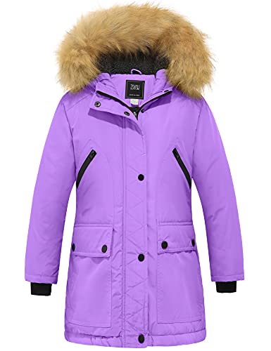 ZSHOW Mädchen Winter Baumwolle Gepolsterter Mantel Wasserabweisend Outdoor Jacke Kunstpelz Kapuzenmäntel Warme Fleece Jacken Violett 116-122 von ZSHOW