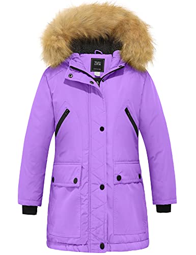 ZSHOW Mädchen Winter Baumwolle Gepolsterter Mantel Wasserabweisend Outdoor Jacke Kunstpelz Kapuzenmäntel Warme Fleece Jacken Violett 128-134 von ZSHOW