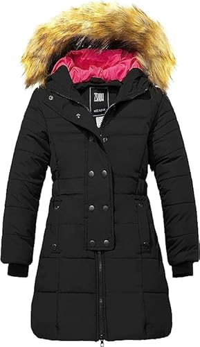 ZSHOW Mädchen Winter Warm Puffer Mantel Wasserabweisend Outdoor Jacke Baumwolle Gepolsterte Jacken Kunstpelz Kapuzenmäntel Schwarz 122-128 von ZSHOW