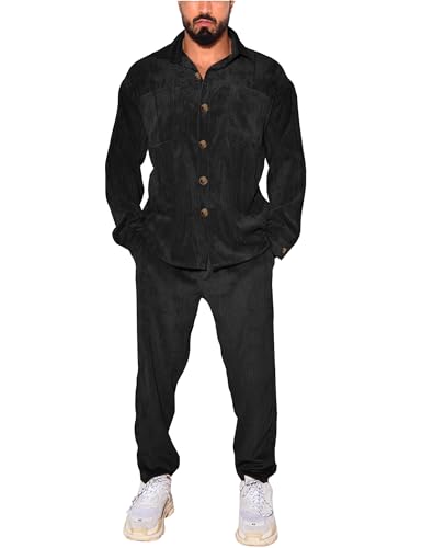 ZSJR Herren 2 Stück Outfits Cord Casual Langarm Shirt Hose Sets Herbst Mode Trainingsanzüge, Schwarz, XX-Large von ZSJR
