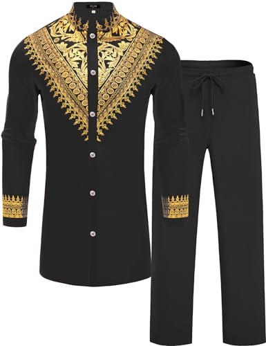 ZSJR Herren Afrikanisches 2-teiliges Set Metallic Traditioneller Anzug Goldstempel Gedruckt Afrikanisches Dashiki Hemd und Hose Outfit, Schwarz, X-Large von ZSJR