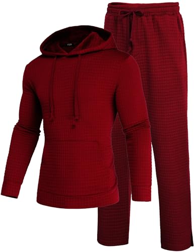 ZSJR Herren Sweatsuits Sets 2-teiliges Outfit mit Kapuze Athletic Trainingsanzug Regular Fit Plaid Jacquard Jogginganzug Set, Weinrot, X-Large von ZSJR