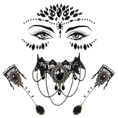 4Pcs Halloween Gotisch Choker Halskette Armbänder Schmuck, Gothic Schmuck Glitzersteine Gesicht Steampunk,Gothic Schmuck Steampunk Retro Spitze Vampir Accessoires für Halloween Kostüm Damen von ZSOPN