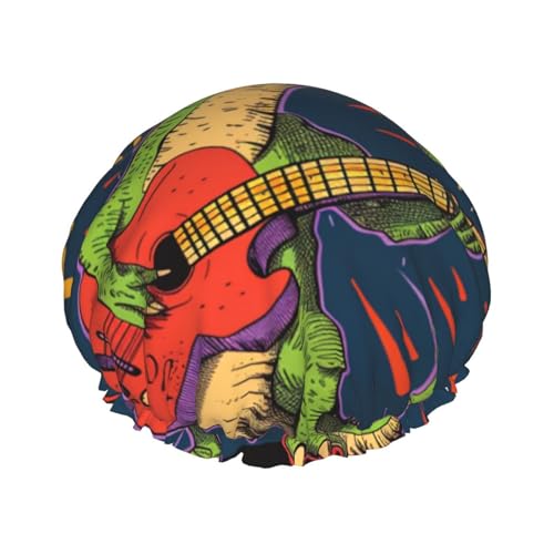 Coole Dinosaurier-Spielgitarre, wasserdicht, wiederverwendbar, Duschhaube für Frauen, elastische Haarabdeckung für Bad, Spa, Reisen und den täglichen Gebrauch von ZSUUGJ